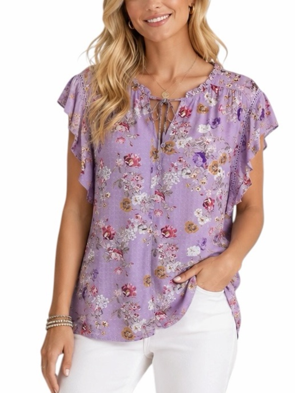 Buffalo David Bitton Floral Blouse XXL Short Sleeve Tie Neck Lavender Boho Top